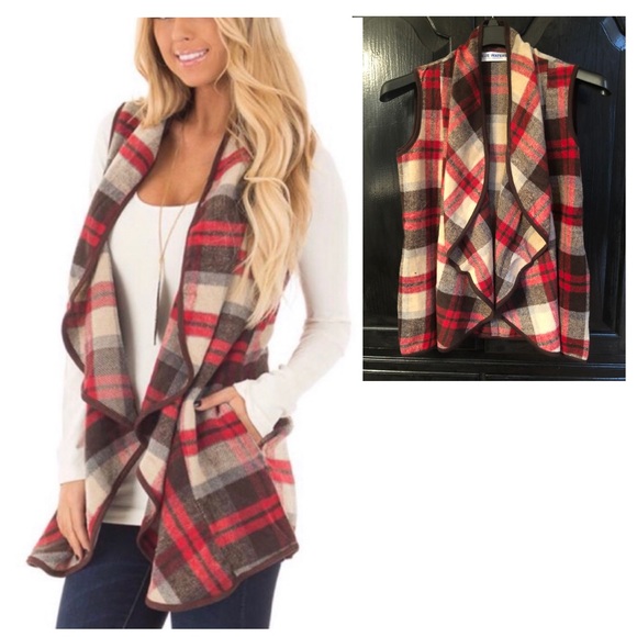 Tops - Plaid Waterfall Vest Holiday Colors $FIRM$
